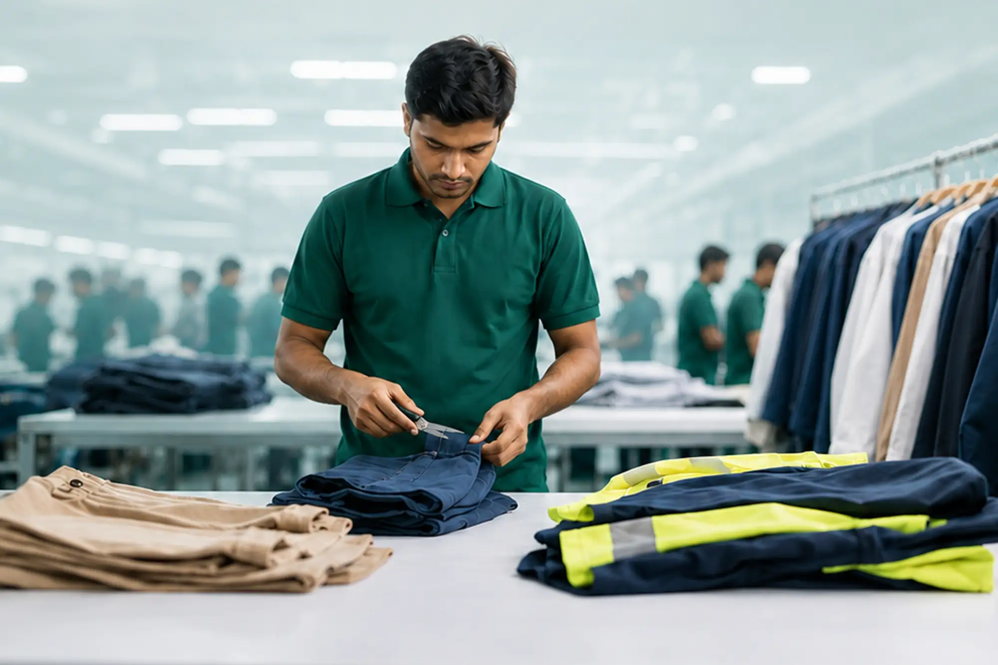 Inspector checking garments against the specification during a pre-shipment inspection in India