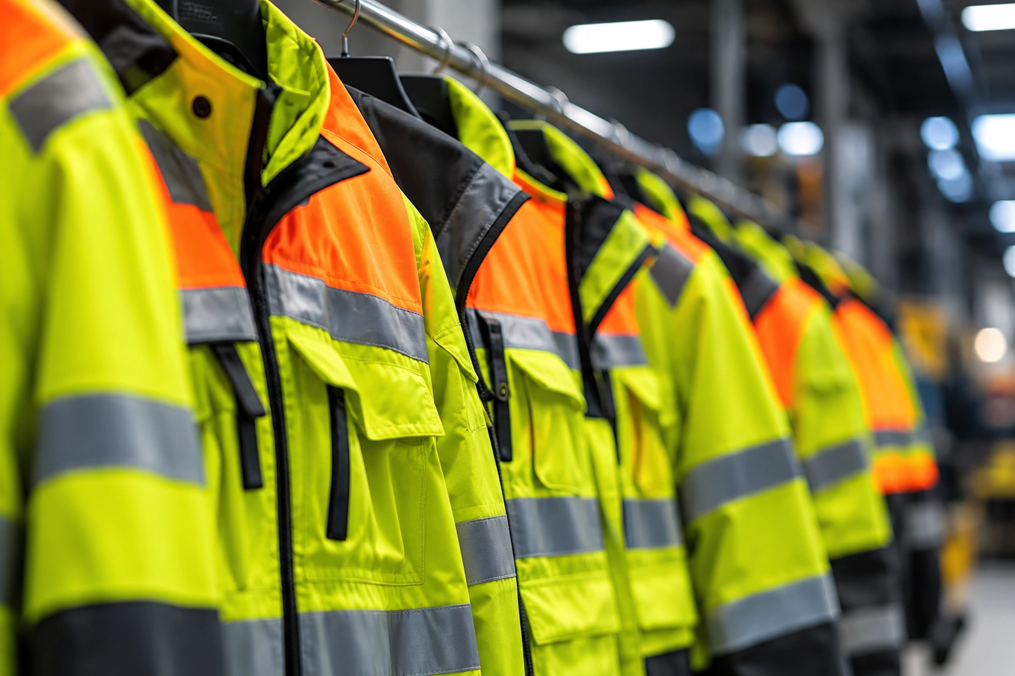 High visibility yellow and orange workwear jackets with reflective tape, sourced from India