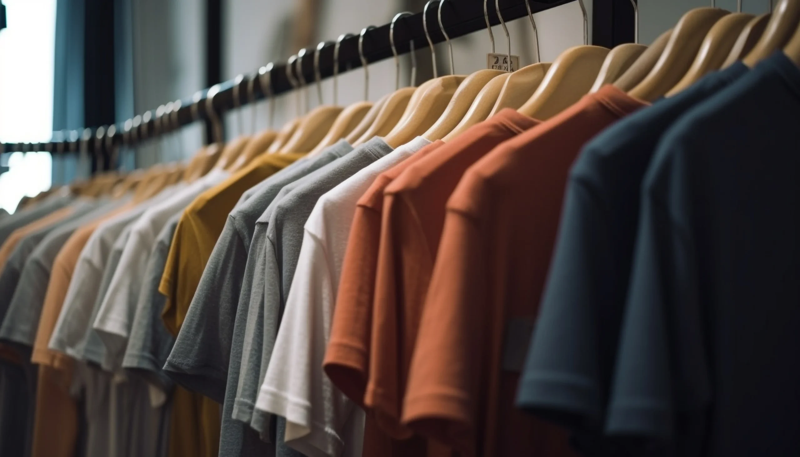 Rail of private label T-shirts and shirts in assorted colours, sourced from India