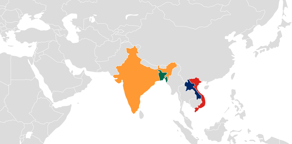 Integrated Overseas sourcing network map: head office in India, plus Bangladesh, Vietnam and Laos